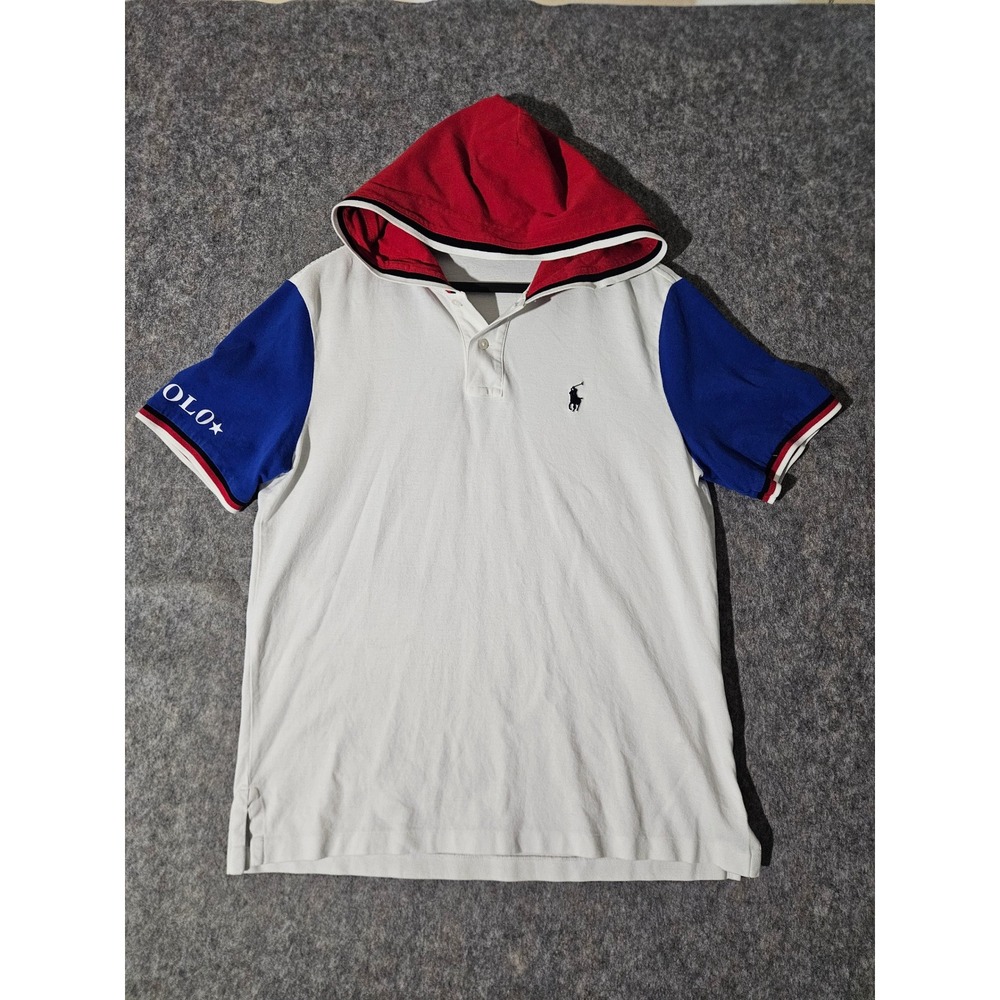 Polo Ralph Lauren Hooded Polo Shirt Mens M White Colorblock Short Sleeve